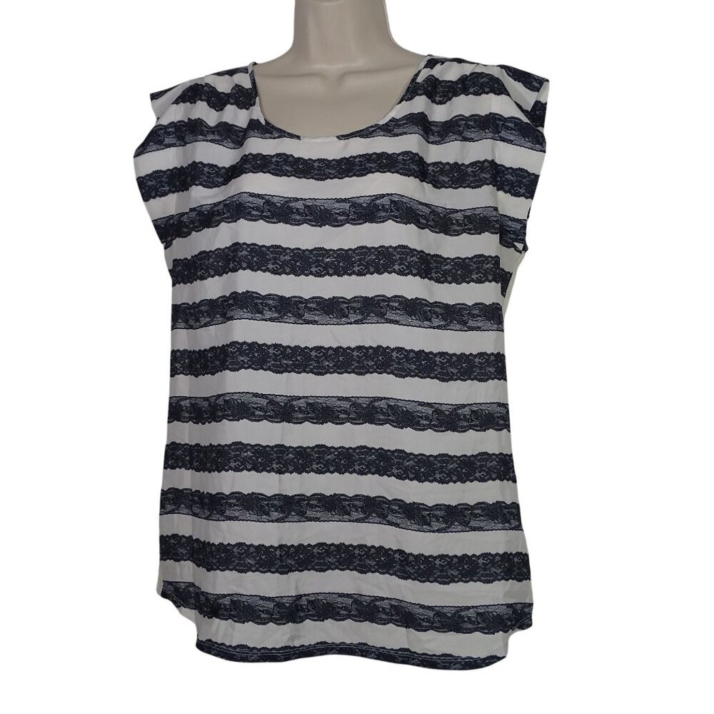 Express Striped Lace Print Short Sleeve Top Women Size L Keyhole Back Scoop Neck